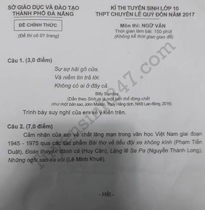 đề thi vào lớp 10 môn Văn chuyên Lê Quý Đôn - Đà Nẵng năm 2017