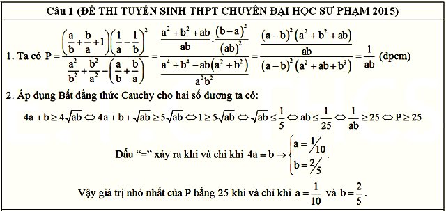 Đáp án câu 1 đề thi vào lớp 10 THPT Chuyên ĐHSP HN môn Toán năm 2015 - 2016 