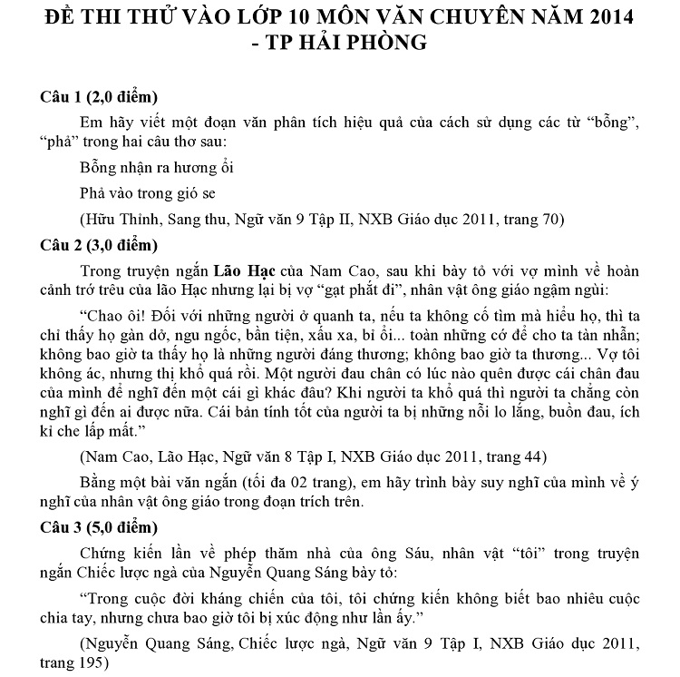 Đề thi thử vào lớp 10 môn Văn Chuyên Trần Phú Hải Phòng 2014 - 2015