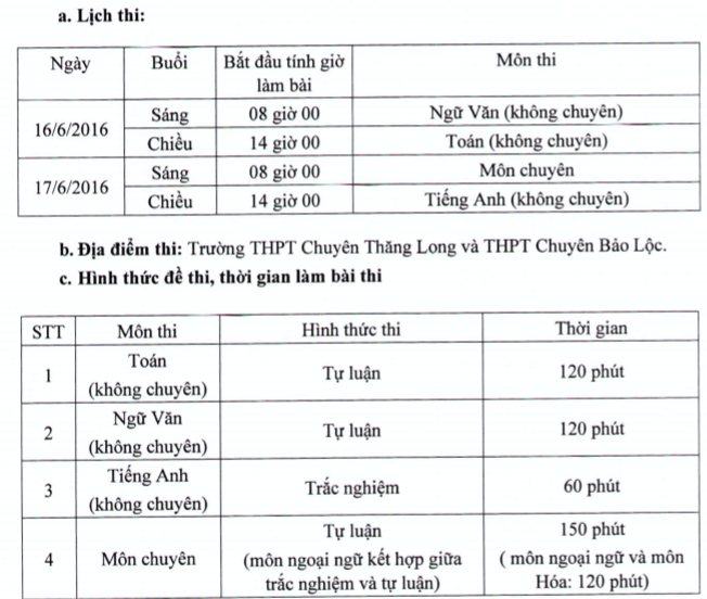 Lịch thi tuyển sinh vào lớp 10 THPT chuyên Lâm Đồng năm 2016