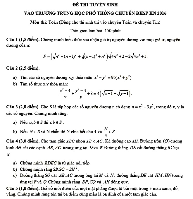 Đề thi vào lớp 10 môn toán chuyên THPT Sư Phạm Hà Nội 2016