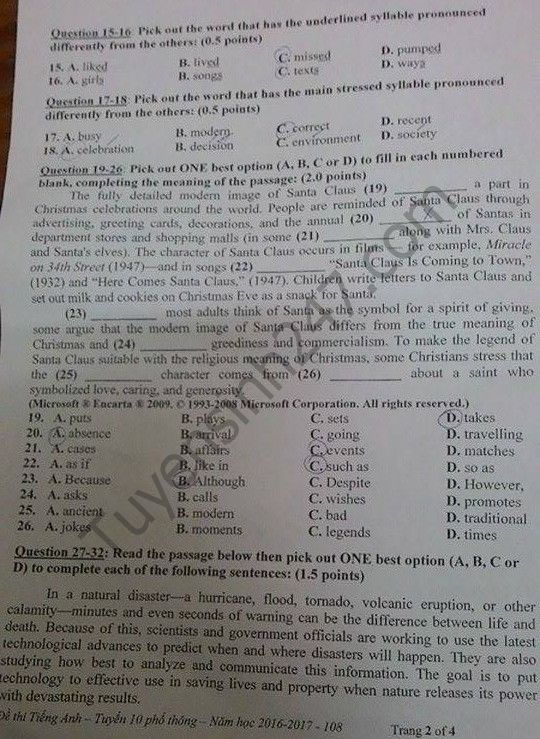 Đáp án đề thi vào lớp 10 môn tiếng Anh tỉnh Tiền Giang năm 2016