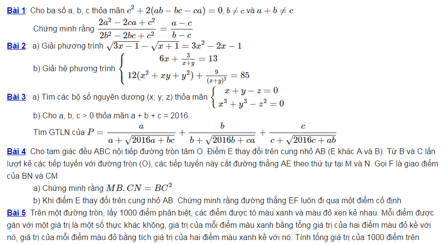 Đề thi toán chuyên vào lớp 10 THPT chuyên Hà Tĩnh năm học 2016 -2017
